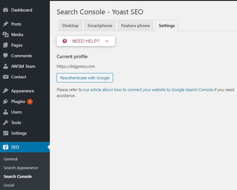 yoast seo search console authentication setting